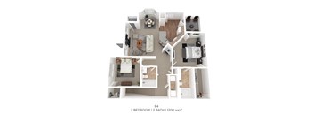A floor plan of apartment B4 with 2 bedrooms and 2 bathrooms.