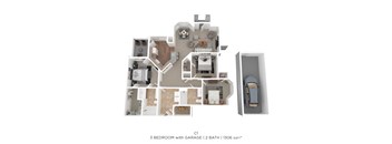 A 3 bedroom apartment with a garage and 2 bathrooms is shown in this image.