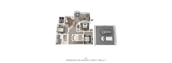 A 3 bedroom apartment with a garage and 2 bathrooms is shown.
