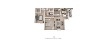 A 2 bedroom apartment with 1 bathroom is shown.