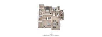 A 2 bedroom apartment with 2 bathrooms and a total area of 1098 sqft.