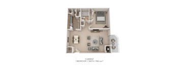 A floor plan of a one bedroom apartment with a bathroom.