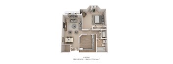 A 3D floor plan of a one bedroom apartment with a bathroom.