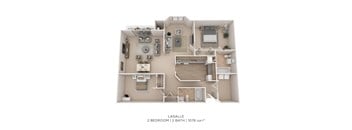 A floor plan of a Lasalle apartment with two bedrooms and two bathrooms.