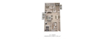 A floor plan of a 2 bedroom, 2 bathroom apartment with a total of 1151 square feet.