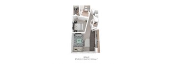 A floor plan of a studio apartment with a bathroom, kitchen, and living room.