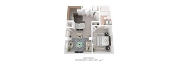A diagram of a one bedroom apartment with a bathroom.