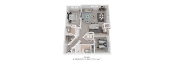 A 2 bedroom, 2 bathroom apartment with a total area of 1174 square feet.