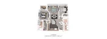 A floor plan of a 2 bedroom, 2 bathroom apartment.