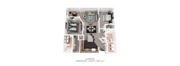 A floor plan of a loft apartment with two bedrooms and two bathrooms.