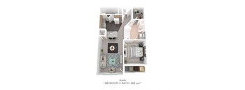 A floor plan of a small apartment with one bedroom and one bathroom.