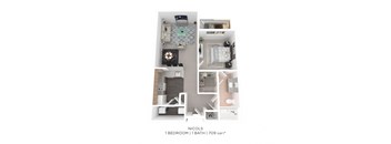 A floor plan of a one bedroom apartment with a bathroom.