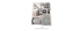 A floor plan of a 2 bedroom, 2 bathroom apartment with a total area of 1264 square feet.