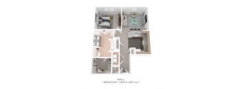 A floor plan of a one bedroom apartment with a bathroom.