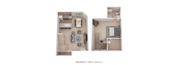 A 1 bedroom 1 bathroom apartment is 642 square feet.