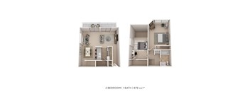 A floor plan of a 2 bedroom apartment with 1 bathroom.