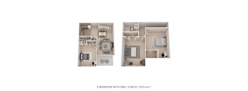 A floor plan of a 2 bedroom apartment with 2 bathrooms and a total area of 1074 sqft.