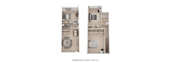 A 3 bedroom apartment with 2 bathrooms and a total area of 1114 sqft.