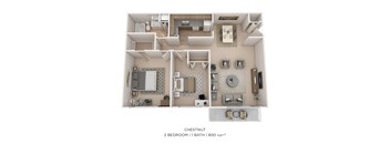 A 2 bedroom, 1 bathroom apartment with 800 square feet.