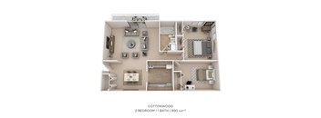 A floor plan of a 2 bedroom, 1 bathroom apartment with a total area of 900 sqft.