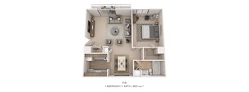 A floor plan of a one bedroom apartment with one bathroom.