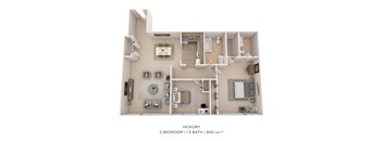 A floor plan of a Hickory 2 Bedroom apartment with 1.5 bath and 940 sqft.