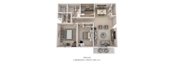 A 3D floor plan of a 2 bedroom, 2 bathroom apartment with a total area of 851 square feet.