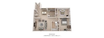 A 2 bedroom apartment with a bathroom and a living room.