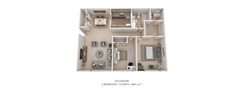 A floor plan of a 2 bedroom apartment with 1.5 bathrooms and 850 sqft.