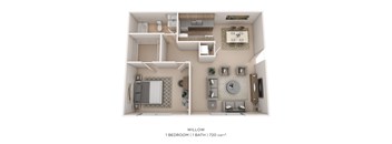 A 3D floor plan of a 1 bedroom, 1 bathroom apartment.
