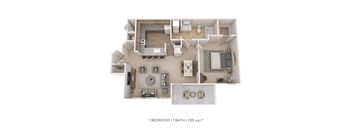 A 1 bedroom apartment with a bathroom is 725 square feet.