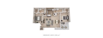 A 2 bedroom apartment with 2 bathrooms and a total area of 1050 sqft.