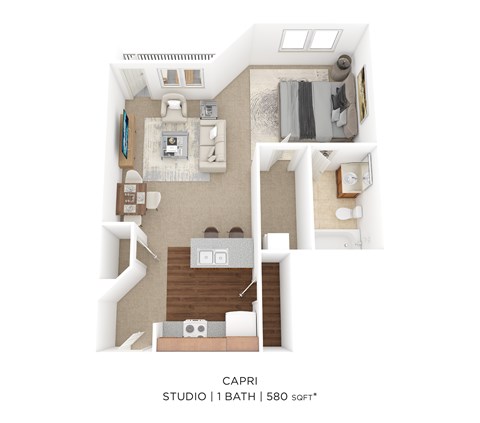 A floor plan of a studio apartment with 1 bath and 580 square feet.
