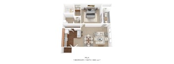 A floor plan of a one bedroom, one bathroom apartment with 684 square feet.