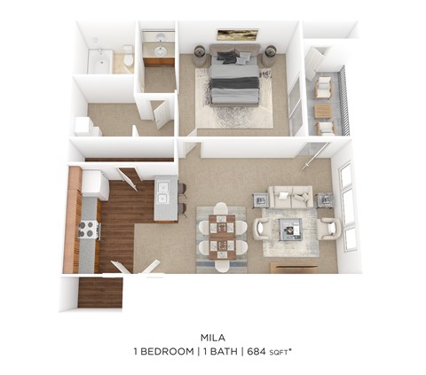 A floor plan of a one bedroom, one bathroom apartment with 684 square feet.