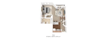 A floor plan of a studio apartment with 1 bath and 1 bed.