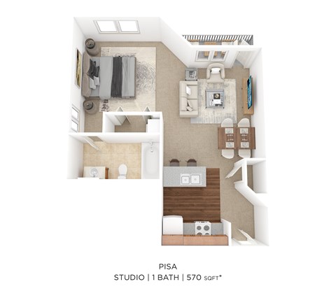 A floor plan of a studio apartment with 1 bath and 1 bed.