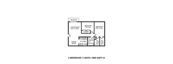 A floor plan of a 2 bedroom apartment with 1 bath.