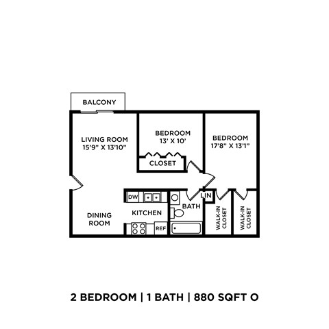A floor plan of a 2 bedroom apartment with 1 bath.