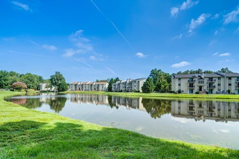 A serene landscape with a lake, grass, and apartment buildings under a clear blue sky.