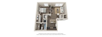 A 3D floor plan of a small apartment with a kitchen, living room, and bathroom.