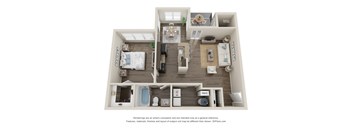 A 3D floor plan of a house with a kitchen, living room, and bathroom.