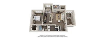 A 3D floor plan of a house with two bedrooms, a living room, a kitchen, a bathroom, and a dining area.