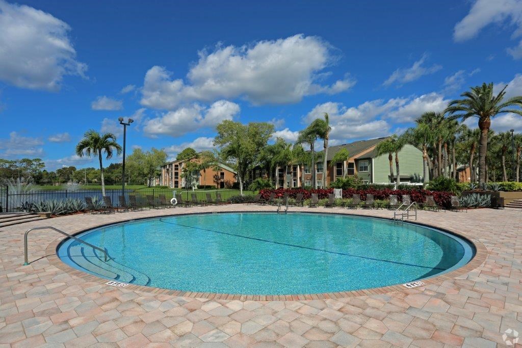A swimming pool surrounded by a brick border.