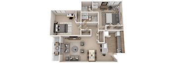 A detailed 3D floor plan of a house layout.
