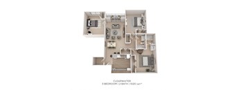 A 3 bedroom, 2 bathroom apartment with a total of 1020 square feet.