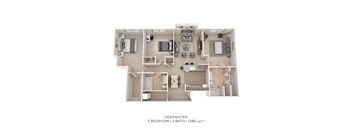 A 3 bedroom, 2 bathroom apartment with a total area of 1288 sqft.
