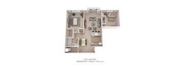 A floor plan of a 1 bedroom 1 bathroom apartment with 770 square feet.