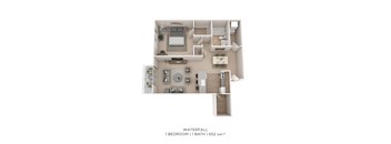 A floor plan of a one bedroom apartment with a bathroom.