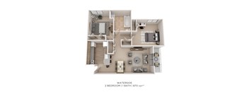 A floor plan of a waterside 2 bedroom apartment with 1 bathroom and a total area of 870 sqft.